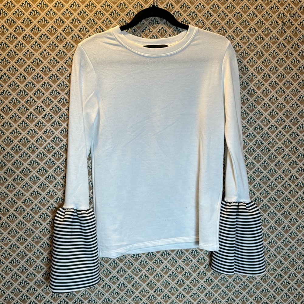 Style Mafia White Top with Bell Striped Long Sleeve